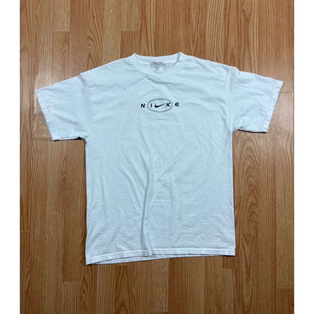Vintage Nike Embroidered Swoosh Oval Logo T-Shirt White Mens Large 90s Style